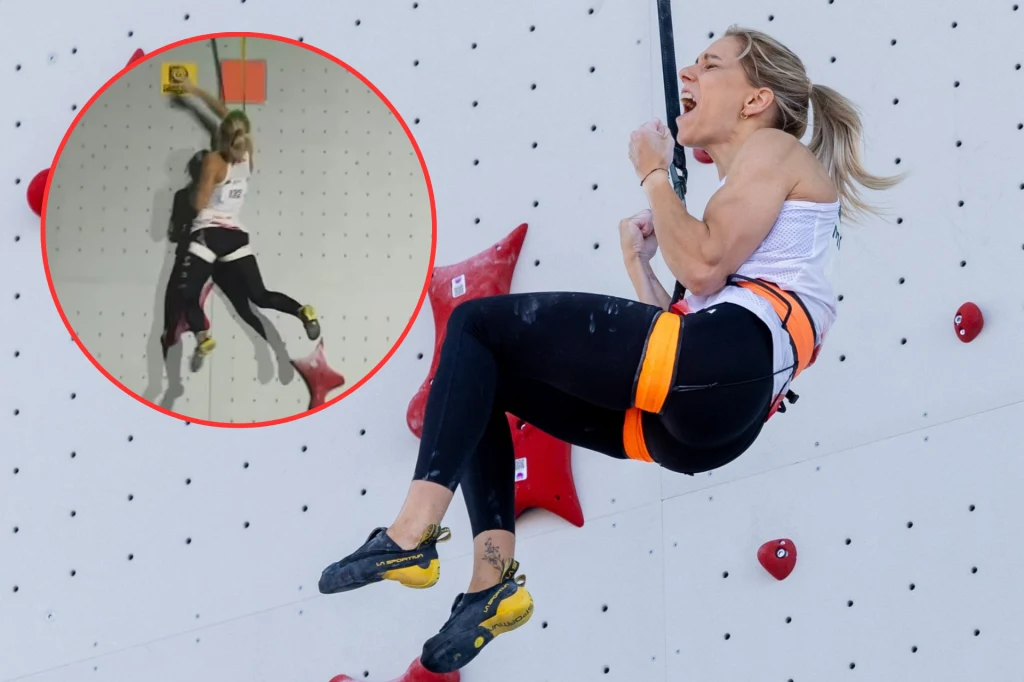 Aleksandra Mirosław Kobieta wspinająca się na ściance wspinaczkowej, ubrana w sportowe legginsy i top, siedzi w uprzęży, trzymając linę asekuracyjną i wyrażając intensywne emocje, w tle białe panele z uchwytami, w lewym górnym rogu znajduje się powiększone koło z ujęciem ...