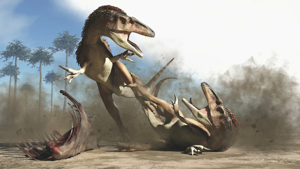 Dwa walczące dinozaury wśród unoszącego się kurzu, jeden z nich leży na ziemi, podczas gdy drugi atakuje, w tle widoczne są pojedyncze drzewa na otwartym terenie.