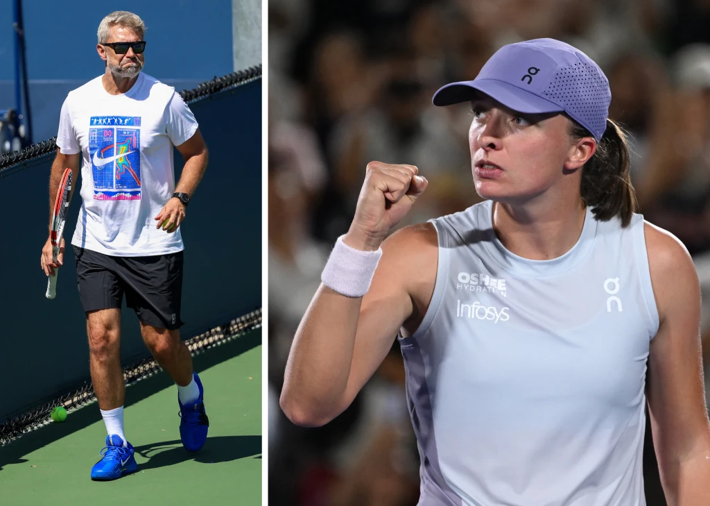 Po lewej stronie mężczyzna w sportowym stroju na korcie tenisowym z rakietą w ręce, po prawej młoda kobieta w sportowej odzieży świętująca zwycięstwo, zaciśnięciem pięści wyraża emocje i determinację.