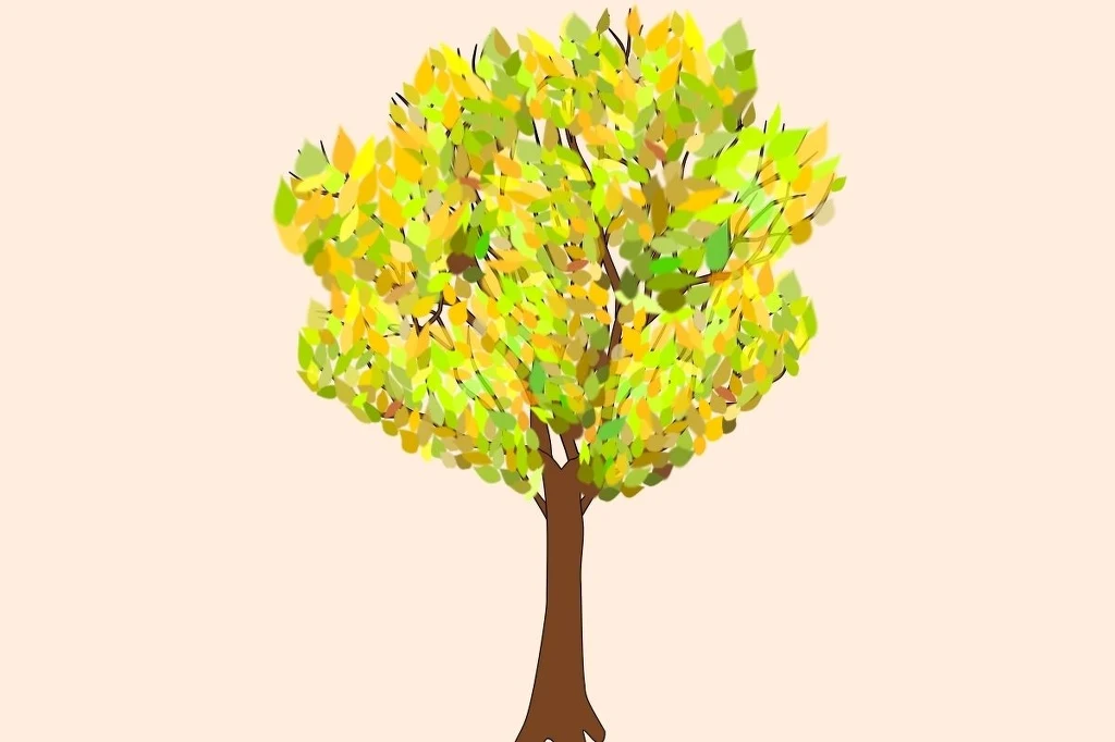 Pragniesz spokojnej jesieni Drzewo o brązowym pniu z rozłożystą koroną złożoną z zielonych i żółtych liści, na jasnym, jednolitym tle.