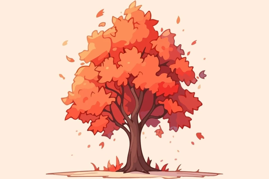 Potrzebujesz zmian, pragniesz wpuścić do życia coś nowego Drzewo o bujnych liściach w odcieniach czerwieni i pomarańczu, wokół spadające liście, delikatne tło w jasnym kolorze