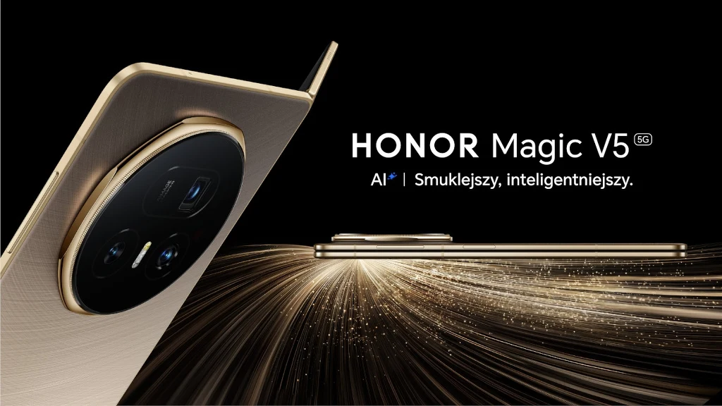 Nowoczesny, składany smartfon Honor Magic V5 5G w złotej obudowie, widoczny z dwóch perspektyw – wyeksponowany moduł aparatu oraz profil urządzenia prezentujący jego smukłość. Dynamiczne linie i świetliste efekty podkreślają elegancję oraz innowacyjnoś...