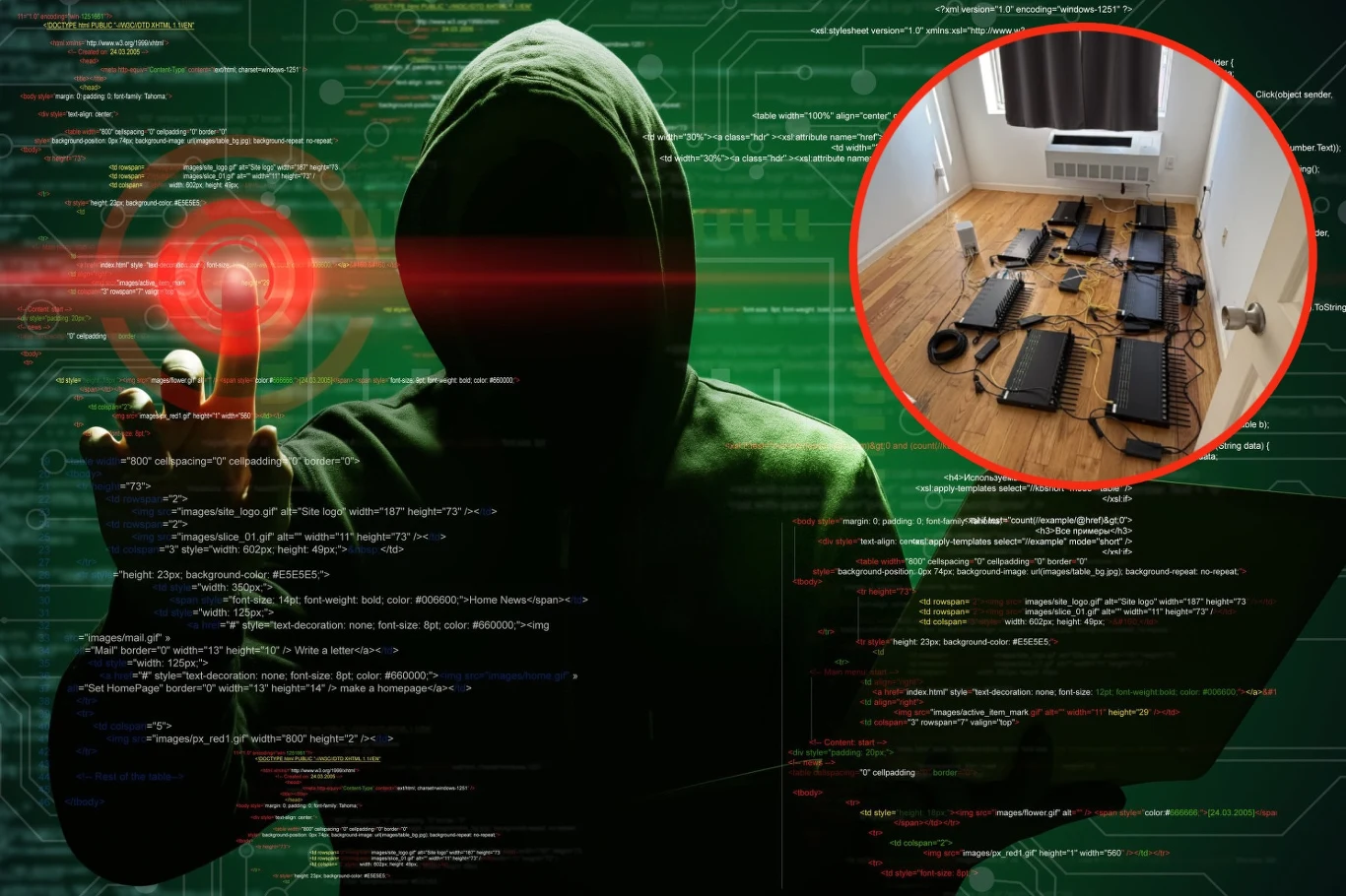 Agenci Secret Service odkryli farmy kart SIM w Nowym Jorku. Zmasowana operacja mogła doprowadzić do blackoutu sieci komórkowych Osoba w ciemnej bluzie z kapturem, nieukazująca twarzy, wykonuje gest dotykania wirtualnego czerwonego celu na tle kodu komputerowego, w prawym górnym rogu widoczne kilka urządzeń elektronicznych podłączonych w pustym pomieszczeniu.