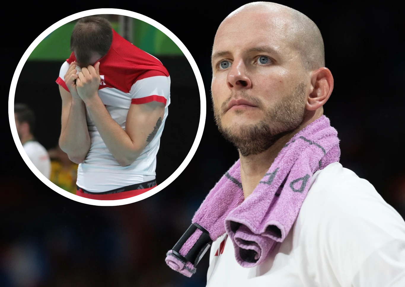 Zawodnik siatkówki z poważnym wyrazem twarzy stoi z ręcznikiem na szyi, w tle okrągłe wstawienie ukazujące innego siatkarza opuszczającego głowę i zasłaniającego twarz koszulką w geście rozczarowania.