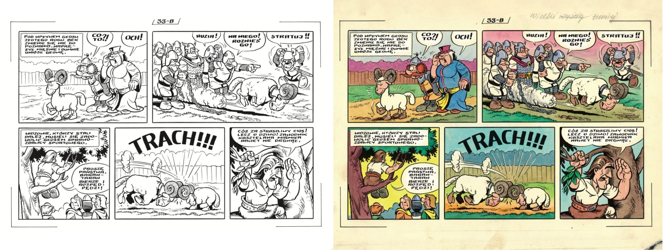 Dwie wersje tej samej strony komiksu, z lewej strony czarno-biała, z prawej kolorowa. Przedstawieni rycerze i postać ubraną w futro próbują podnieść barana za rogi, a w kolejnych kadrach zwierzę podskakuje, powodując przewrócenie rycerzy. Akcja jest dy...