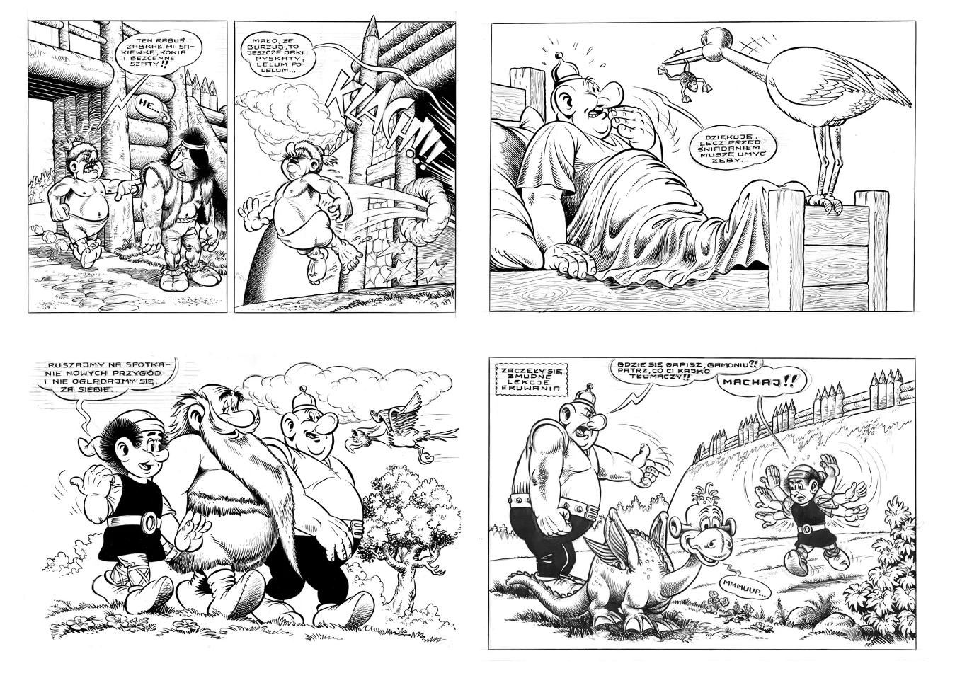 Cztery czarno-białe kadry komiksowe przedstawiające postacie w różnych humorystycznych sytuacjach: rozmowa dwóch bohaterów na ulicy, scenka z bocianem stojącym na łóżku, przyjacielskie objęcie trzech postaci oraz radosna zabawa z fantastyczną postacią ...