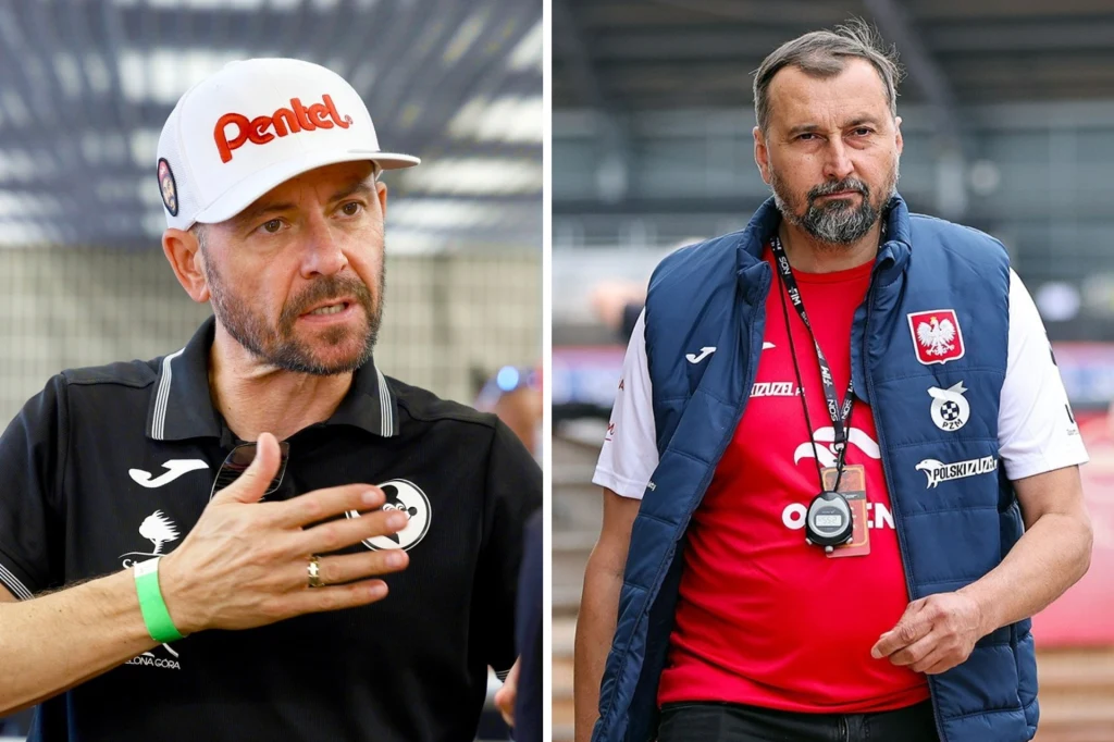 Piotr Protasiewicz odchodzi z Falubazu. Rafał Dobrucki może zająć jego miejsce Dwaj mężczyźni w sportowych strojach, po lewej mężczyzna w czapce z daszkiem i koszulce z logo Pentel, po prawej mężczyzna w kamizelce z orłem i koszulce z napisem Orlen oraz herbem Polski, obaj znajdują się na stadionie sportowym.