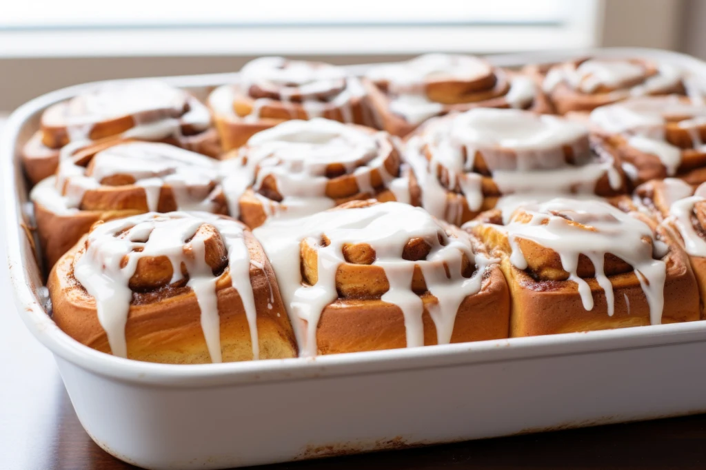 Ciasto na cynamonki robi się bardzo prosto, jednak musisz dać mu czas, aby nabrało odpowiedniej objętości Świeżo upieczone bułeczki cynamonowe pokryte lukrem, ułożone równo w ceramicznej brytfannie, o apetycznym złotobrązowym kolorze.
