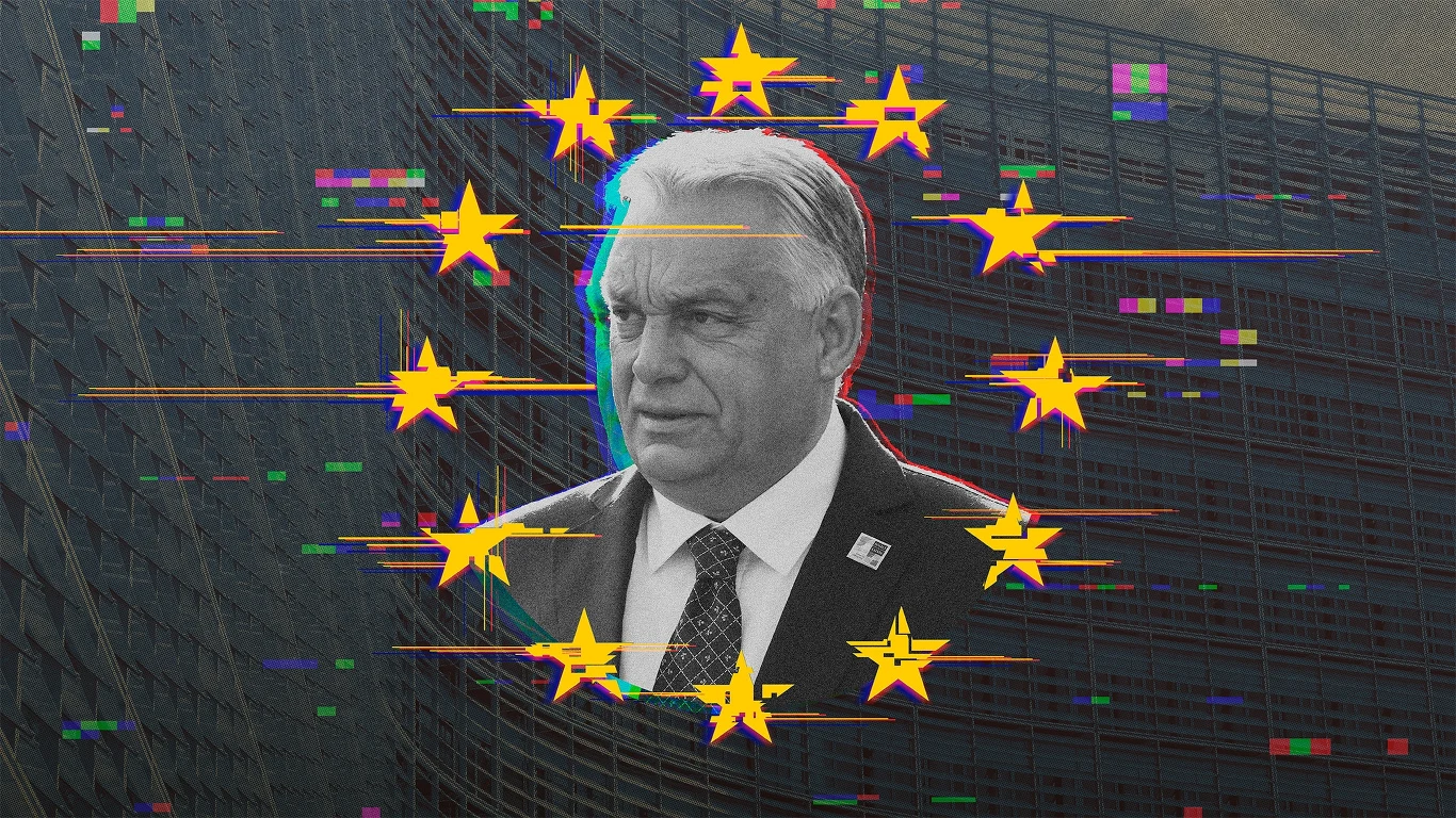 Viktor Orban ma "unijny" problem? Grafika: Aleksandra Włodarczyk Portret mężczyzny w garniturze i krawacie, otoczony żółtymi gwiazdami na tle nawiązującym do flagi Unii Europejskiej, z cyfrowymi zakłóceniami i kolorowymi szumami, w tle nowoczesny budynek.