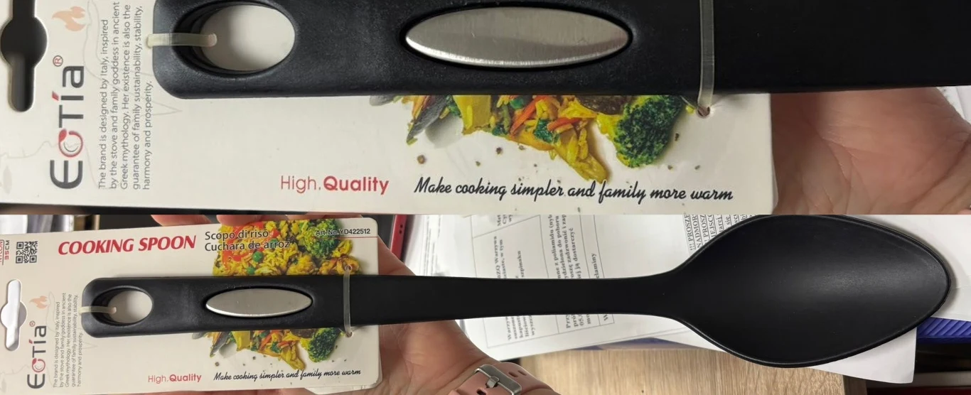 Czarna łyżka kuchenna firmy Ecotla widoczna na opakowaniu prezentującym plastikowe akcesorium z metalowym elementem na rączce i napisem High Quality.