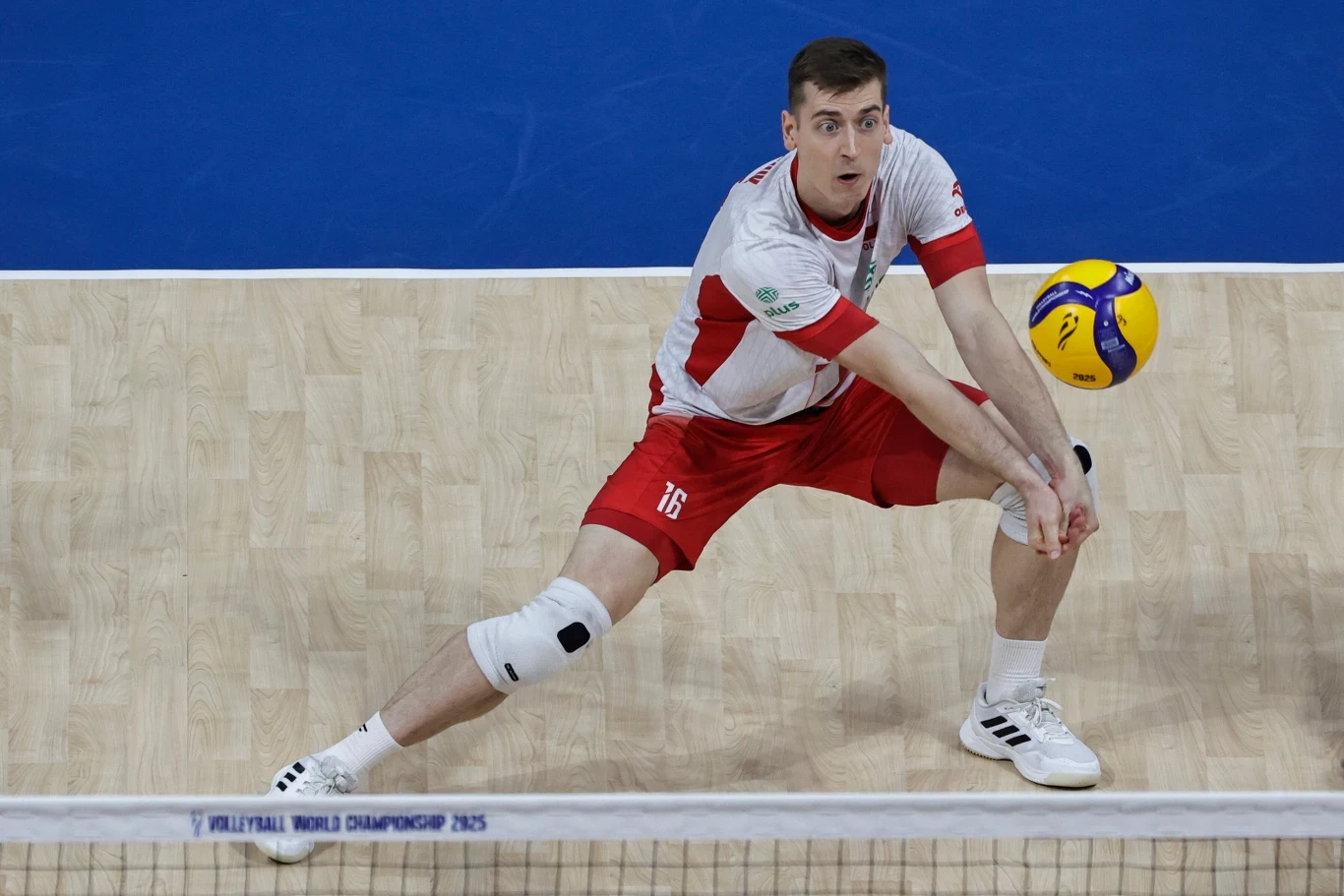 Siatkarz w biało-czerwonym stroju podczas odbioru piłki na boisku, skupiony na grze, wokół parkiet sportowy i siatka.