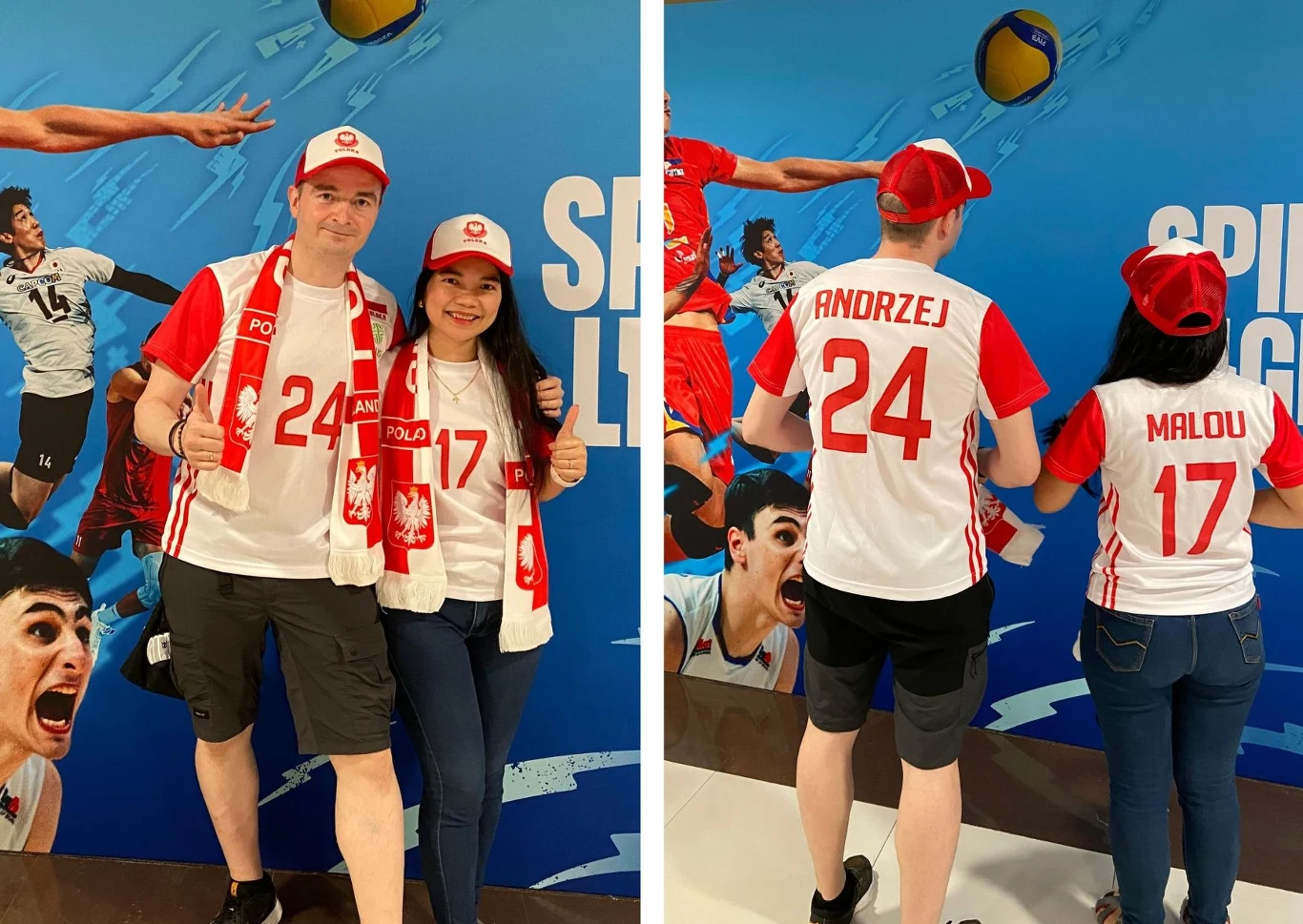 Malou i Andrzej Para ubrana w polskie stroje kibica siatkówki, stojąca na tle sportowej grafiki z zawodnikami w akcji. Mężczyzna i kobieta mają na sobie koszulki z napisami Andrzej i Malou oraz numery 24 i 17, na głowach czapki z daszkiem w barwach Polski.