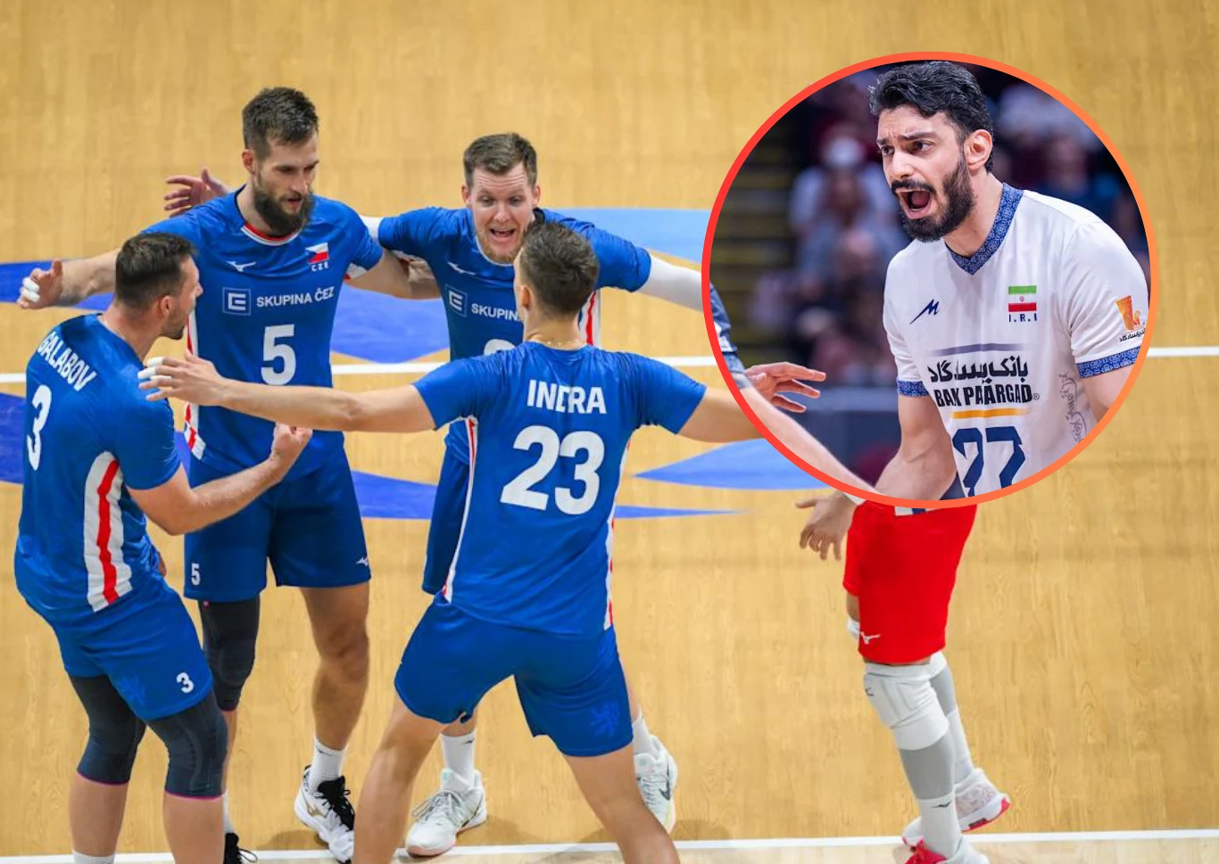 MŚ siatkarzy. Mecz Czechy - Iran był dla obu drużyn historyczną szansą na awans do strefy medalowej mistrzostw świata Grupa siatkarzy w niebieskich strojach świętuje zdobycie punktu na boisku, a po prawej stronie w okrągłej ramce widoczny jest siatkarz z innej drużyny, wyrażający silne emocje.
