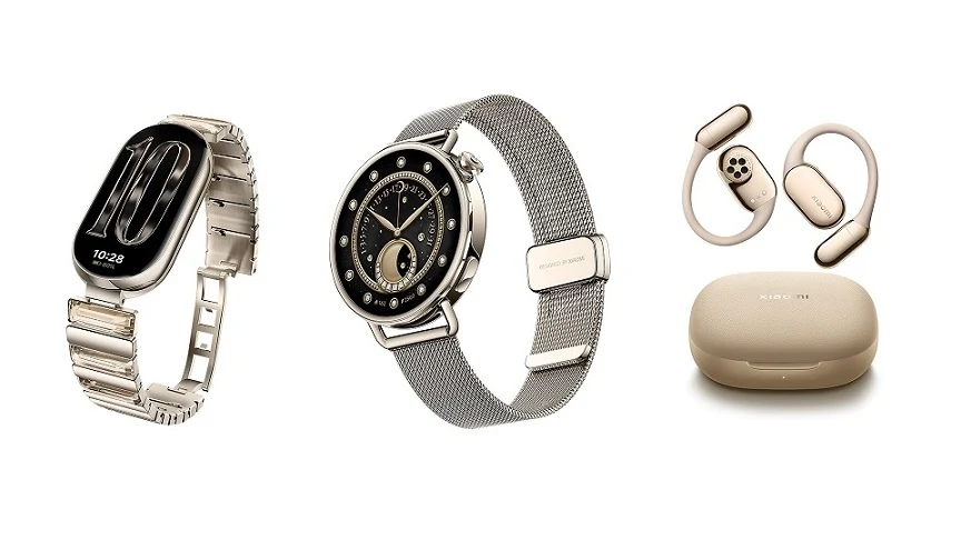Nowoczesny cyfrowy smartwatch ze stalową bransoletą, elegancki zegarek hybrydowy z siateczkową opaską i stylowe słuchawki bezprzewodowe z etui w jasnym odcieniu, wszystkie produkty w barwach metalicznych na białym tle.