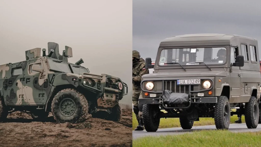 Dwa wojskowe pojazdy terenowe ustawione na dwóch różnych tłach, jeden z nich pokryty maskującym kamuflażem na błotnistym terenie, drugi w zielono-szarym kolorze na asfaltowej drodze, po lewej stronie widoczne wilgotne pole, po prawej osoby w mundurach ...