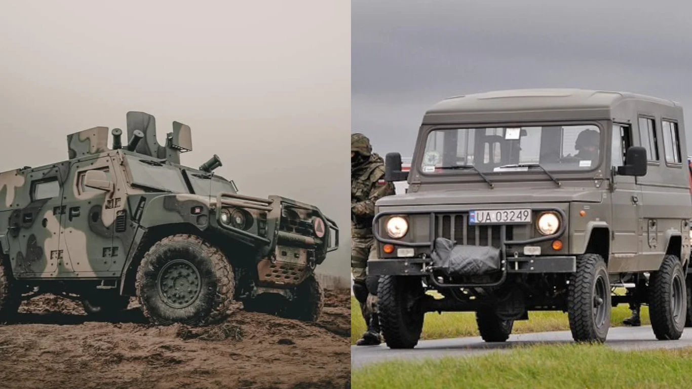LPR Legwan (po lewej) i Tarpan Honker (po prawej). Nowe wozy mają zmienić motoryzacyjne oblicze Wojska Polskiego Dwa wojskowe pojazdy terenowe ustawione na dwóch różnych tłach, jeden z nich pokryty maskującym kamuflażem na błotnistym terenie, drugi w zielono-szarym kolorze na asfaltowej drodze, po lewej stronie widoczne wilgotne pole, po prawej osoby w mundurach ...
