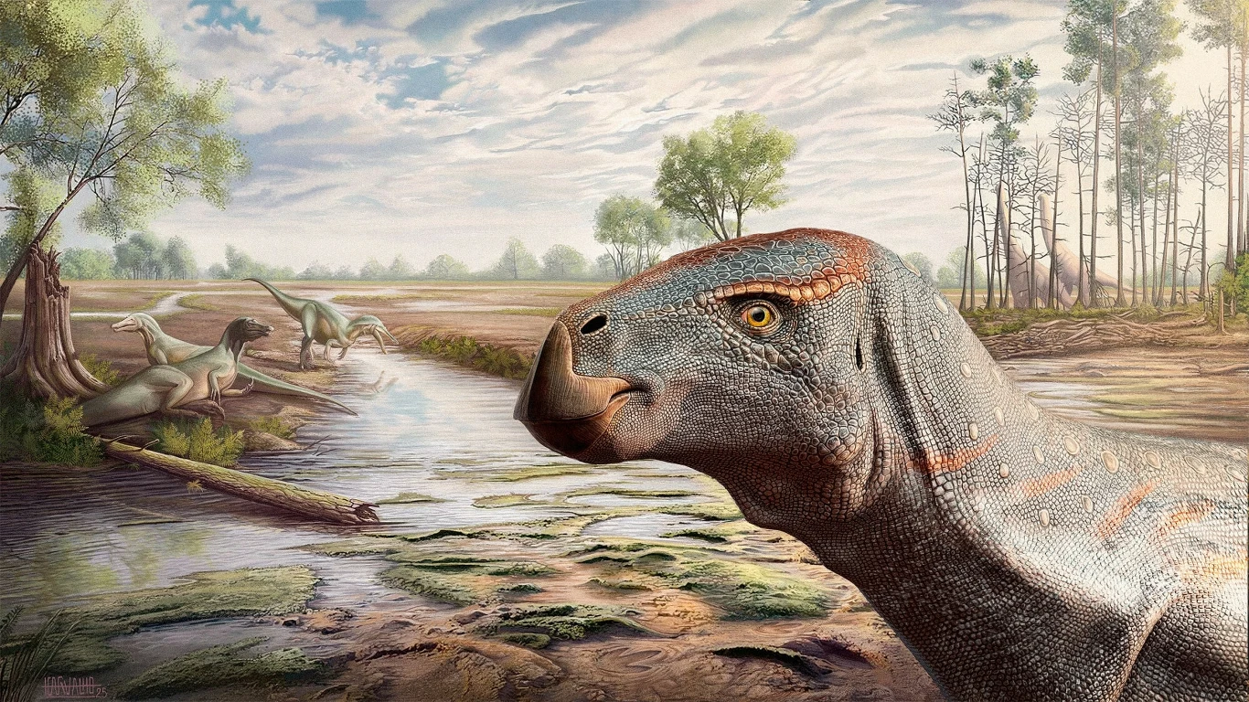 Cariocecus bocagei to mnowy roślinożerny dinozaur z Portugalii Dinozaur z dużymi oczami i wydłużoną szyją stoi na pierwszym planie przy bagnistej rzece, w tle widoczne inne dinozaury zanurzone w wodzie oraz rozległy, wilgotny krajobraz z drzewami.