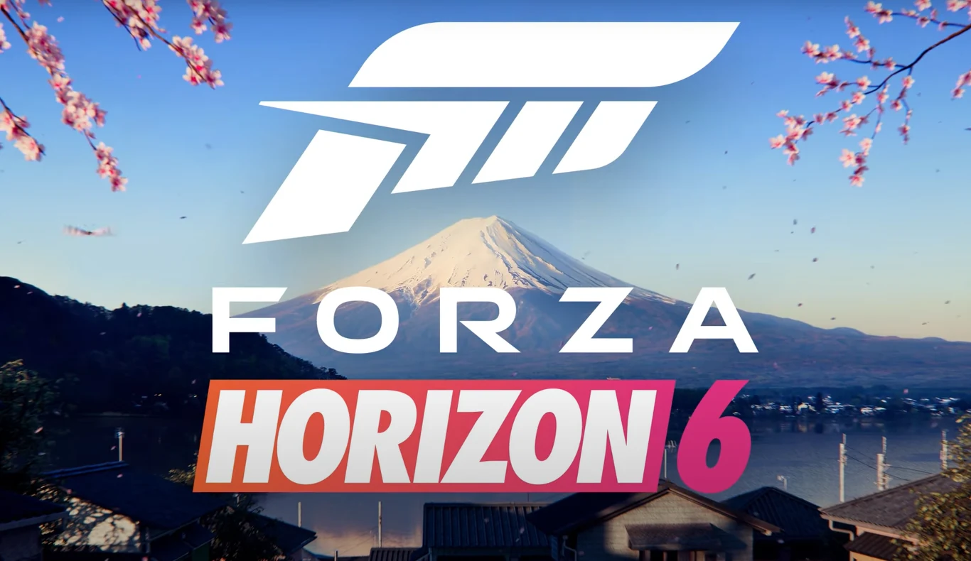 Logo gry Forza Horizon 6 na tle malowniczego krajobrazu z Mount Fuji, kwitnącymi gałęziami wiśni oraz elementami architektury japońskiej.