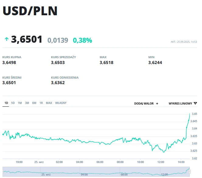 Wykres notowań kursu dolara amerykańskiego względem polskiego złotego wraz z wartościami minimalną, maksymalną oraz kursami kupna i sprzedaży, wyraźny wzrost wartości USD w ciągu dnia