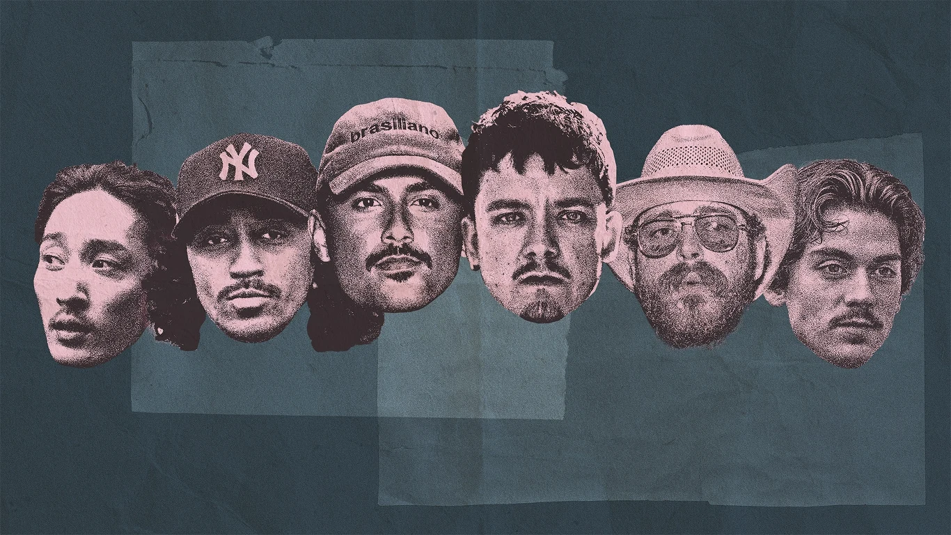 Wąs miał swoje pięć minut w ostatniej dekadzie. Ale pięć minut właśnie się kończy. Grafika: Aleksandra Włodarczyk Sześć portretów mężczyzn o różnych nakryciach głowy i stylach, narysowanych w stylu graficzno-ilustracyjnym na ciemnym tle.