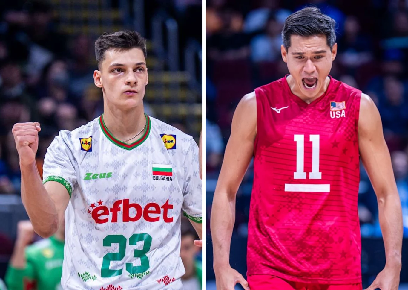 MŚ siatkarzy. Mecz USA - Bułgaria rozstrzygnął o awansie do półfinału MŚ siatkarzy. Na zdjęciu Aleksandyr Nikołow i Micah Christenson Dwóch siatkarzy w momentach sportowych emocji, po lewej zawodnik w biało-zielonym stroju z Bułgarii, po prawej ubrany na czerwono gracz z USA, wyróżniają się gestem zaciśniętej pięści oraz wyrazem intensywnych emocji na twarzy.