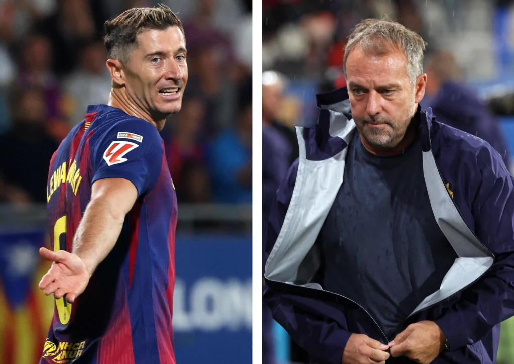 Robert Lewandowski i Hansi Flick Po lewej stronie piłkarz w koszulce klubu sportowego wykonuje gest wyrażający emocje podczas meczu, po prawej mężczyzna w kurtce stoi z poważnym wyrazem twarzy, być może trener lub członek sztabu sportowego.