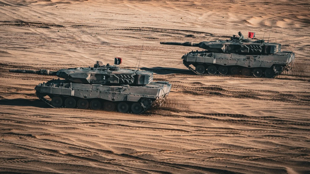 Dwa nowoczesne czołgi poruszające się po piaszczystym terenie, wyraźnie widoczne ślady gąsienic na piasku, oba pojazdy w ruchu, podczas ćwiczeń wojskowych.