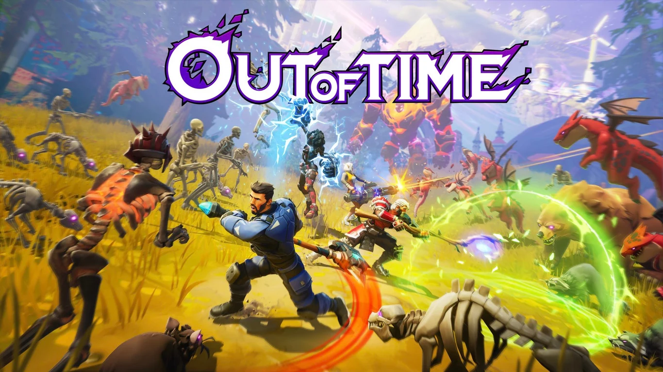 Out of Time Intensywna scena walki w fantastycznym świecie; uzbrojeni bohaterowie walczą z potworami i szkieletami w otoczeniu jaskrawych efektów specjalnych oraz dużego napisu Out of Time nad polem bitwy.