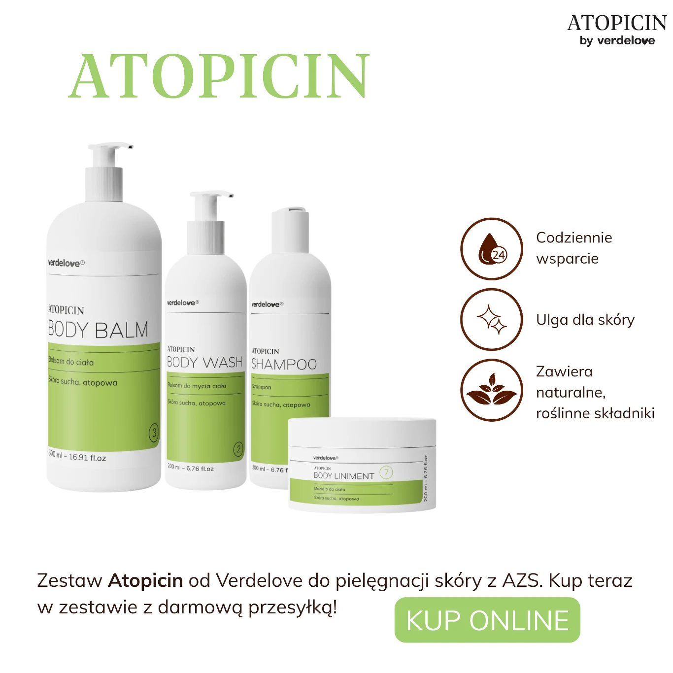 Zestaw kosmetyków dla skóry atopowej marki Atopicin od Verdelove