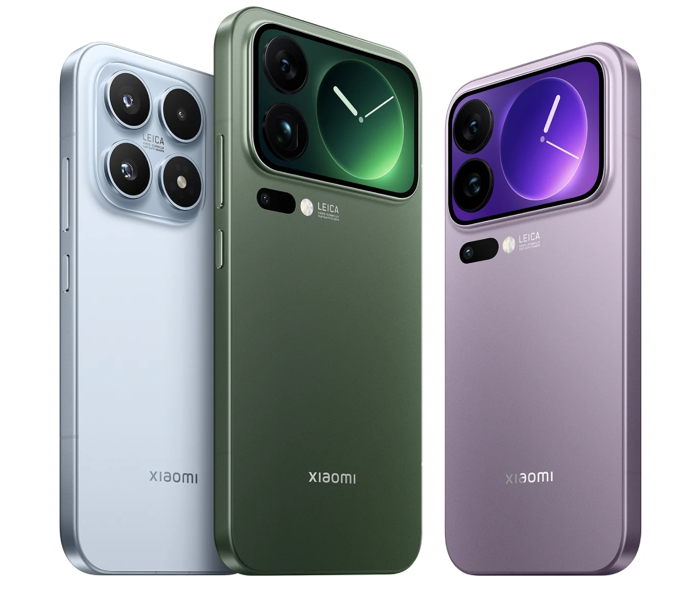 Trzy smartfony Xiaomi w różnych kolorach ustawione obok siebie, eksponujące tylną obudowę z dużymi modułami aparatów fotograficznych oraz minimalistycznym designem