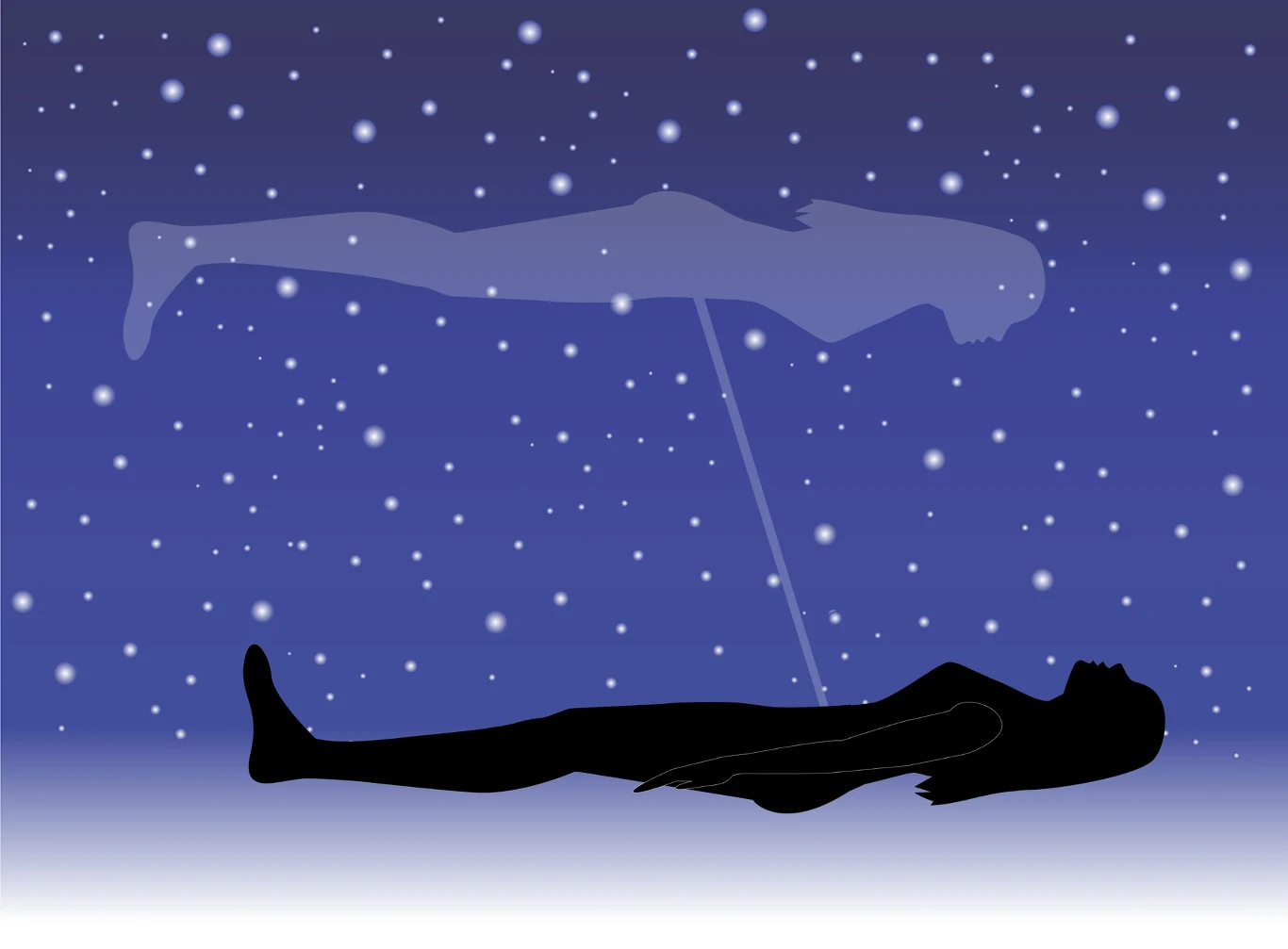 Amerykański lekarz twierdził że zmierzył duszę. Wynik eksperymentu zaskoczył wszystkich Sylwetka leżącej osoby oraz półprzezroczysta postać unosząca się nad nią w nocnym, gwiaździstym tle, połączone cienką linią.