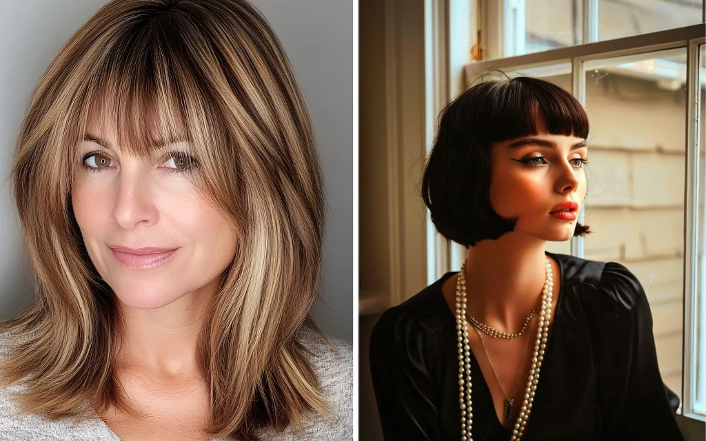 Włosy we francuskim wydaniu dla kobiet 50+ Po lewej stronie kobieta z prostymi, jasnobrązowymi włosami z grzywką uśmiecha się delikatnie do obiektywu, po prawej kobieta z krótkimi czarnymi włosami i grzywką spogląda w bok siedząc przy oknie, ubrana w czarną bluzkę i perłowy naszyjnik.