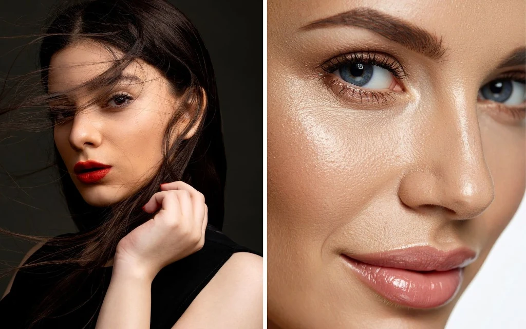 Francuski makijaż charakteryzuje się naturalnością i świeżością Portrety dwóch kobiet z wyraźnie podkreślonym makijażem, jedna z ciemnymi włosami i czerwonymi ustami na ciemnym tle, druga zbliżenie twarzy z jasną cerą i delikatnym połyskiem na skórze, podkreślone brwi i oczy.