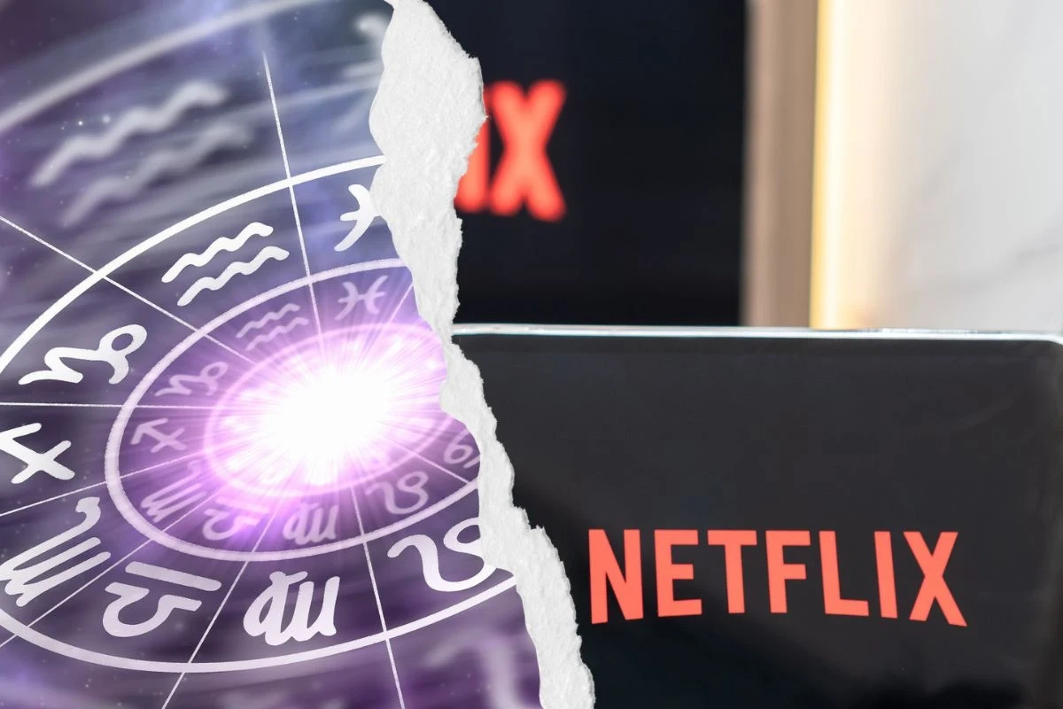 Netflix i astrologia Po lewej części obrazu widoczne są symbole znaków zodiaku na tle kosmicznego światła, po prawej znajduje się fragment ekranu z logo Netflix, a pośrodku widoczne jest wizualne rozdzielenie, sugerujące zestawienie dwóch światów.