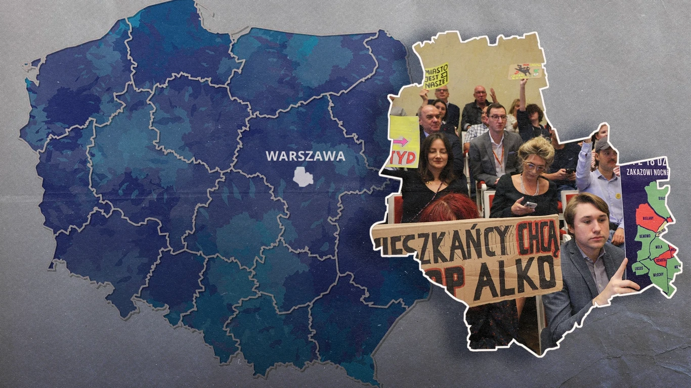 Awantura wokół nocnego zakazu sprzedaży alkoholu w Warszawie przyniosła niespodziewany efekt/ fot. źródłowe: 123ft/Zbyszek Kaczmarek/Forum; kolaż: A. Włodarczyk Mapa Polski z podkreśloną Warszawą oraz grupa ludzi na tle mapy, trzymających transparent z napisem 'Mieszkańcy chcą sklep Alko', otoczona elementami graficznymi związanymi ze społecznym protestem.