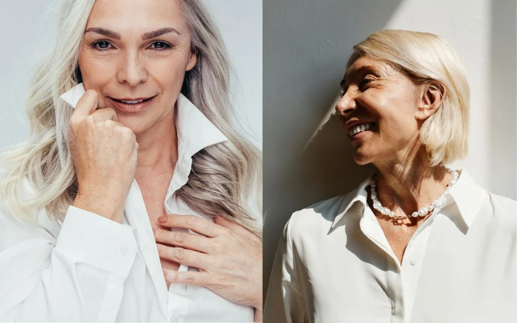 Biała koszula to klasyk na paryskich wybiegach Dwie dojrzałe kobiety o siwych włosach ubrane w białe koszule, z jednej strony patrząca wprost z delikatnym uśmiechem, z drugiej ujęcie profilu kobiety śmiejącej się, oświetlonej naturalnym światłem.