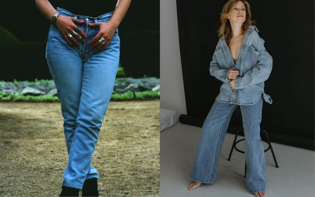 Dżins nigdy nie wychodzi z mody Dwie kobiety prezentujące różne stylizacje z dżinsami, jedna stoi na zewnątrz w dopasowanych spodniach i ciemnych butach, druga w szerokich dżinsach oraz koszuli dżinsowej, z rozpiętym dekoltem, boso w studiu fotograficznym.