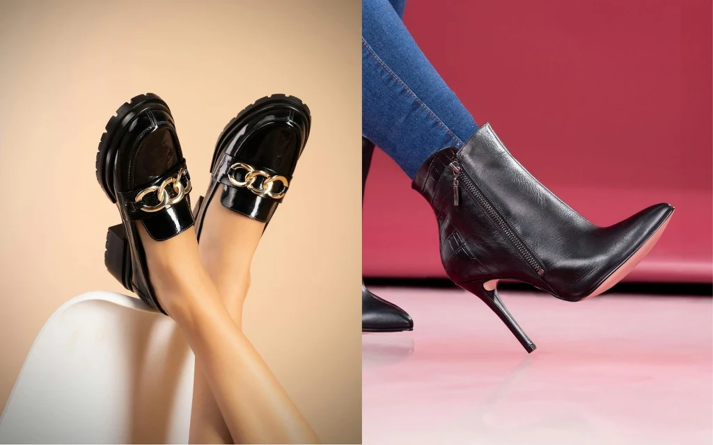 Obuwie, które pasuje do wszystkiego. Wygoda i styl w jednym Czarne lakierowane mokasyny ozdobione złotym łańcuchem oraz czarne botki na wysokim obcasie zestawione ze spodniami dżinsowymi, ustawione na tle w odcieniach beżu i różu.