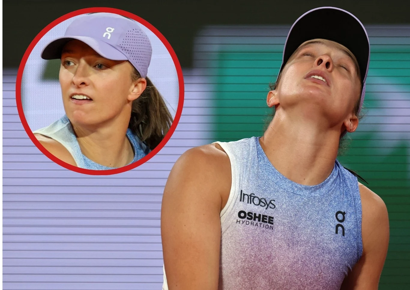 Tenisistka w sportowej koszulce i czapce, z głową odchyloną do tyłu w geście zmęczenia lub frustracji, na tle powiększonego okrągłego zdjęcia tej samej osoby skupionej podczas gry.
