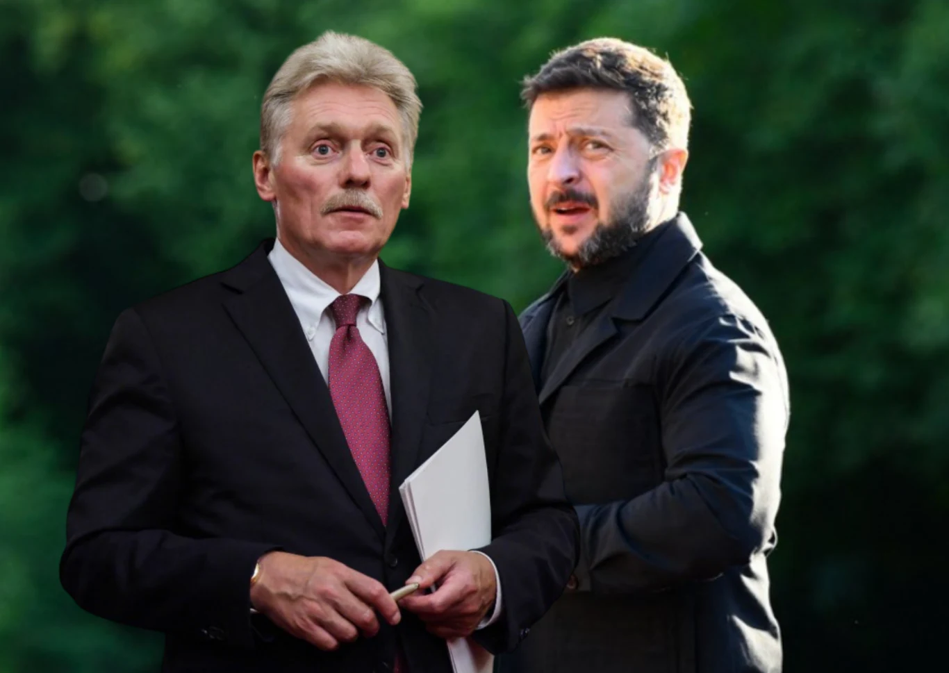 Dmitrij Pieskow odpowiedział na sugestię Wołodymyra Zełenskiego. - Nieodpowiedzialne - ocenił rzecznik Kremla Dwóch mężczyzn w eleganckich, ciemnych garniturach stoi razem na tle zielonego, rozmytego krajobrazu, jeden z nich trzyma dokumenty w dłoni, obaj patrzą poważnie w kierunku obiektywu.