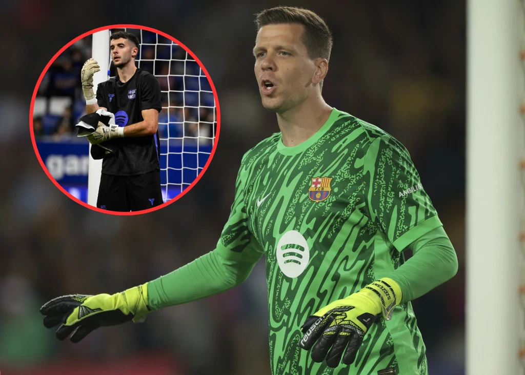 Wojciech Szczęsny i Joan Garcia Bramkarz ubrany w zielony strój z logo znanego klubu piłkarskiego gestykuluje na boisku podczas meczu, w tle publiczność. W lewym górnym rogu zdjęcia widoczne jest wstawione zdjęcie innego bramkarza ubranego na czarno stojącego przy siatce z rękawicami...