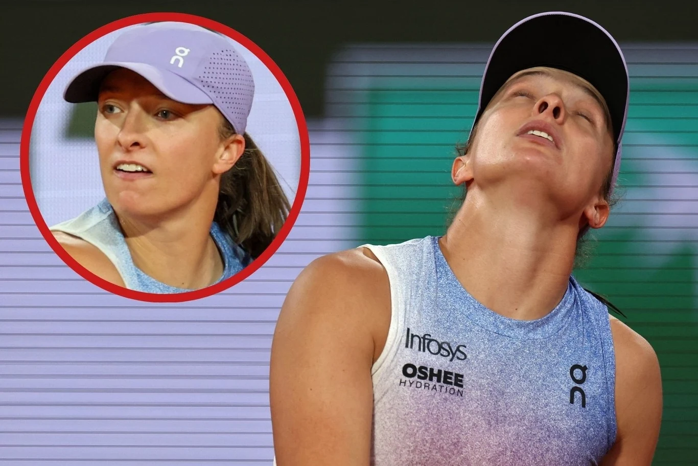 Zawodniczka tenisowa w sportowym stroju i czapce z daszkiem, z wyraźnym wyrazem emocji na twarzy, w tle powiększone okrągłe zbliżenie tej samej osoby, ukazujące jej skupienie.