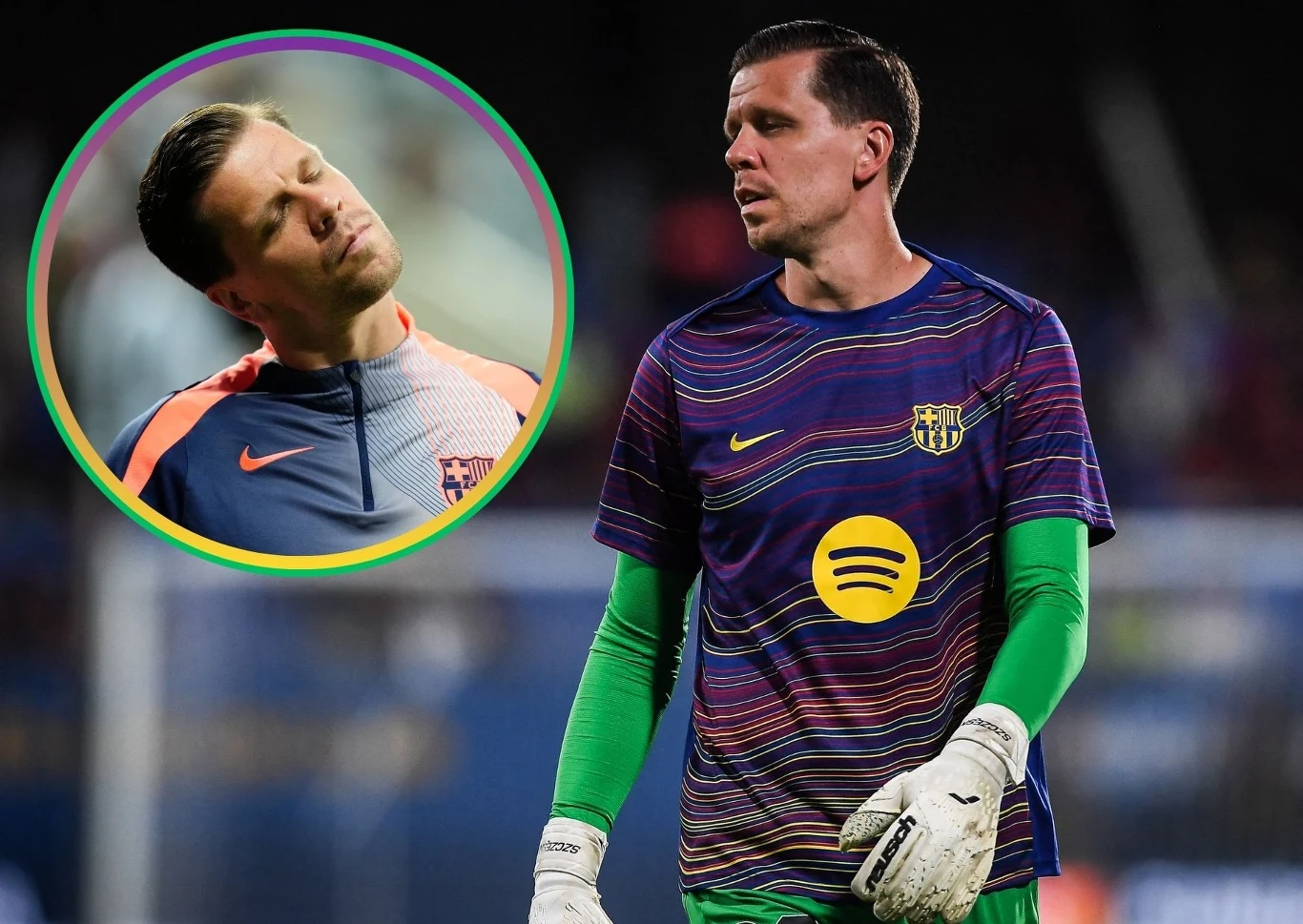 Bramkarz w sportowym stroju FC Barcelony z zielonymi rękawicami na tle stadionu, w rogu okrągłe wstawienie twarzy mężczyzny w bluzy w barwach sportowych.