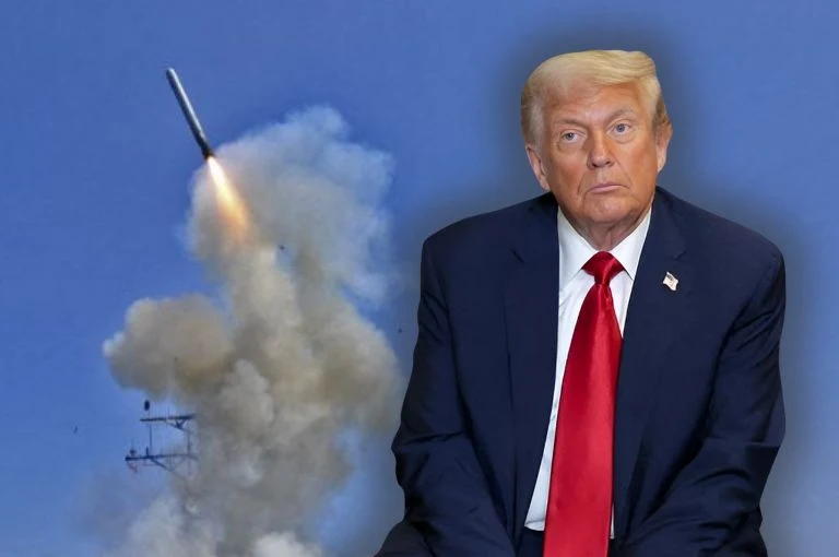 Donald Trump miał zgodzić się na atakowanie Rosji przez Ukrainę amerykańską bronią Mężczyzna w garniturze i czerwonym krawacie siedzi na tle startującej rakiety, unosi się dym i płomień wskazujący na moment wystrzału, tło stanowi jasnobłękitne niebo.