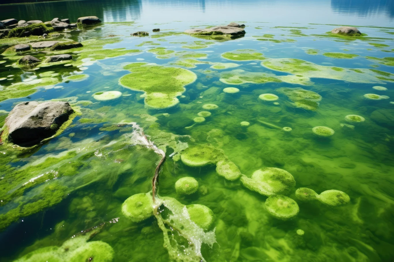 Sinice są zdolne do fotosyntezy Zielone glony unoszące się na powierzchni wody między kamieniami, w tle spokojna tafla jeziora odbijająca niebo.
