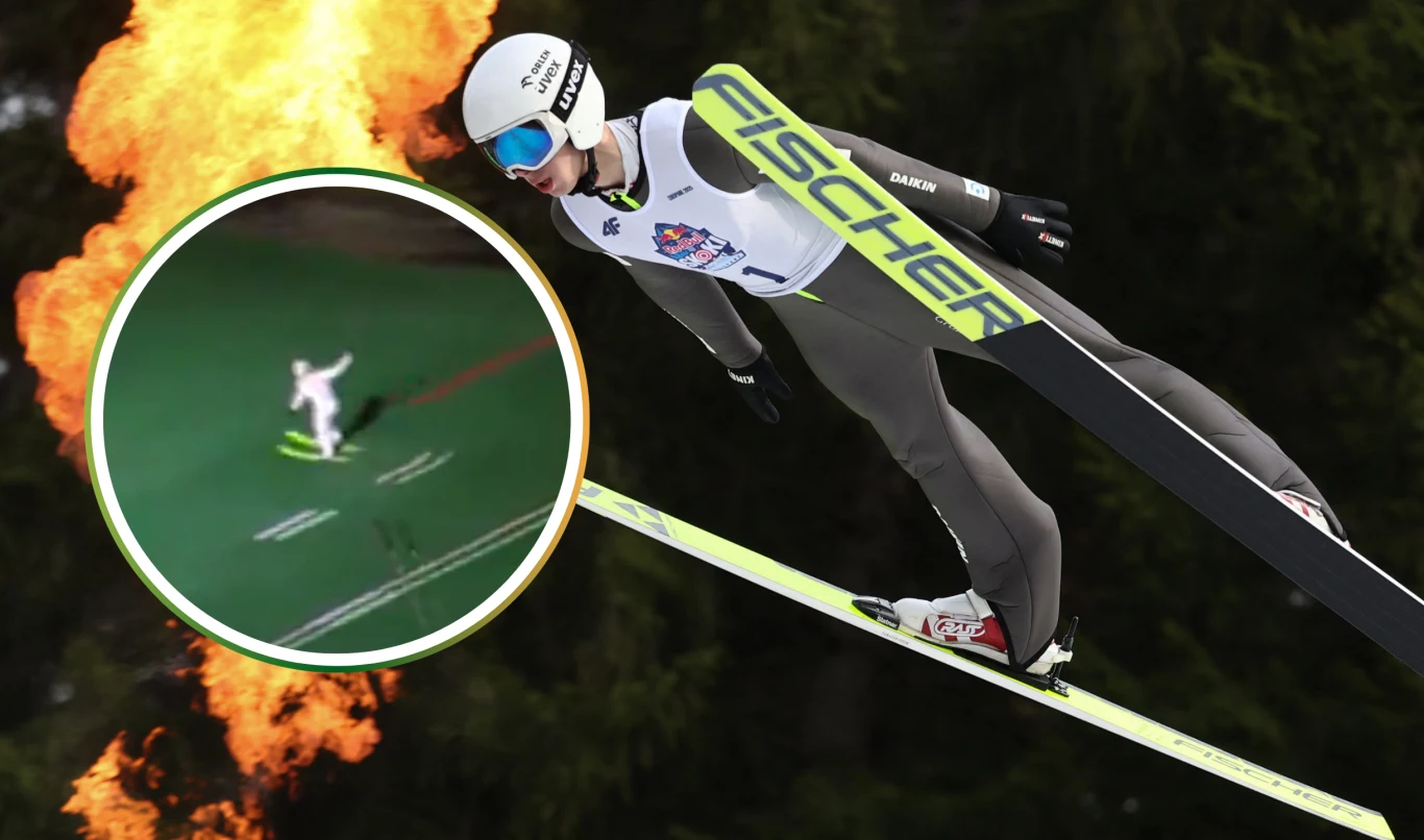 Skoczek narciarski w powietrzu podczas skoku, w tle ogień, w lewym dolnym rogu widoczna powiększona scena lądowania na skoczni