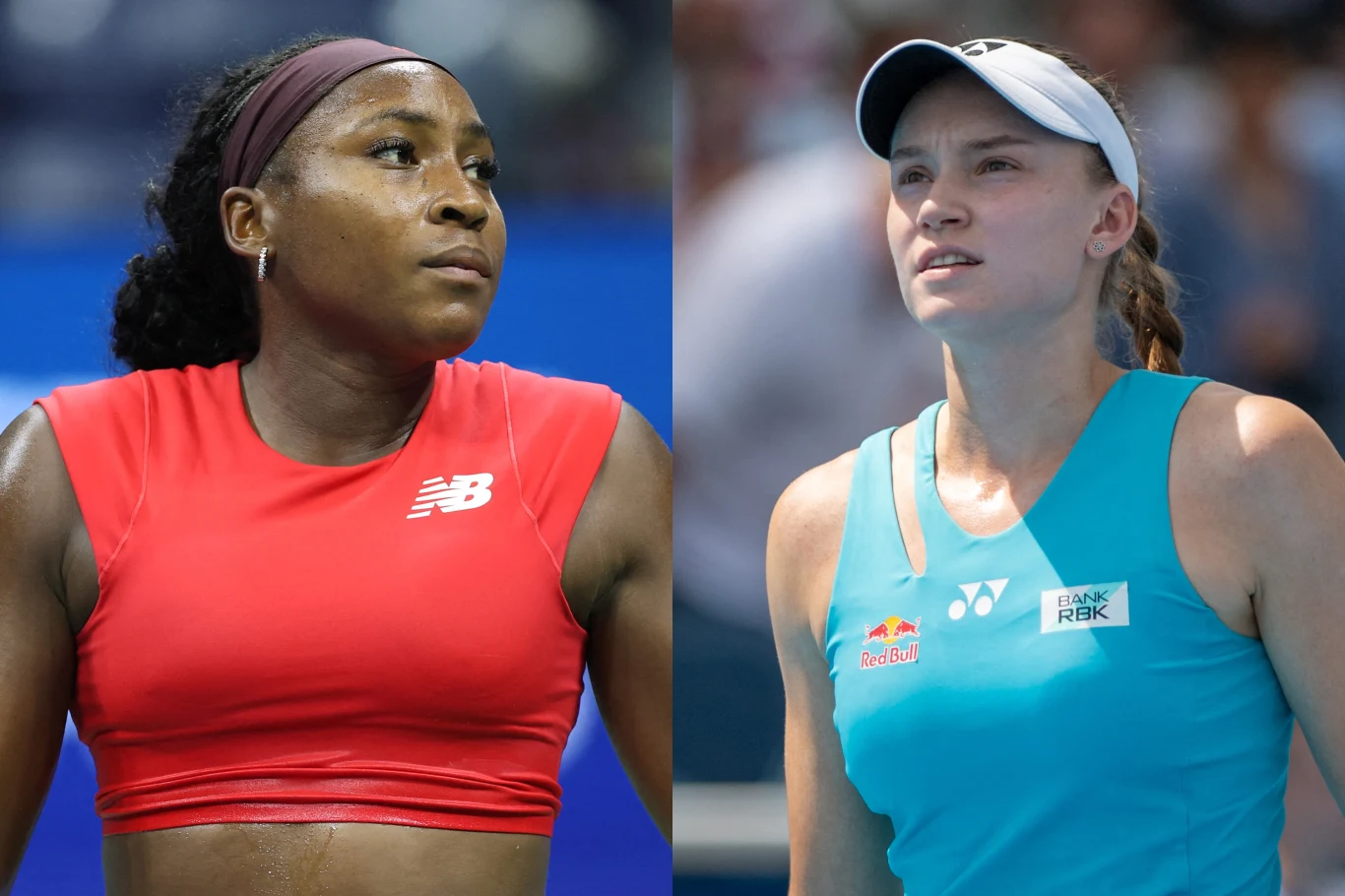 Dwie kobiety w sportowych strojach stojące na tle kortu tenisowego, jedna w czerwonym topie i opasce, druga w niebieskim stroju z czapką z daszkiem, obie skupione, wyraźnie podczas zawodów sportowych.