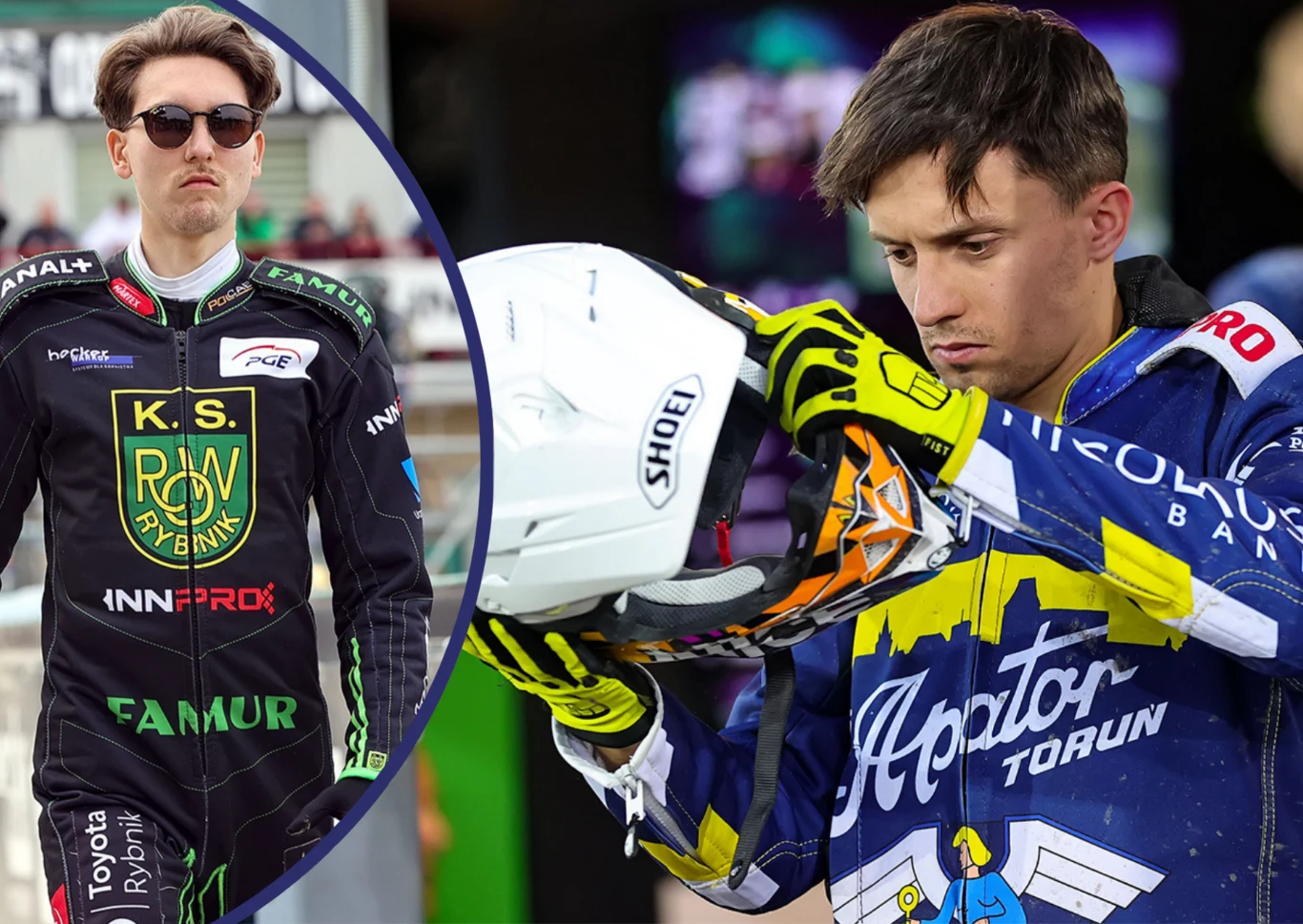 Maksym Drabik odbudował się w ROW-ie Rybnik, teraz pora na Wiktora Lamparta. Dwóch żużlowców w strojach swoich drużyn, z lewej zawodnik w czarnym kombinezonie z logami sponsorów, z prawej żużlowiec w niebiesko-żółtym stroju trzymający biały kask.