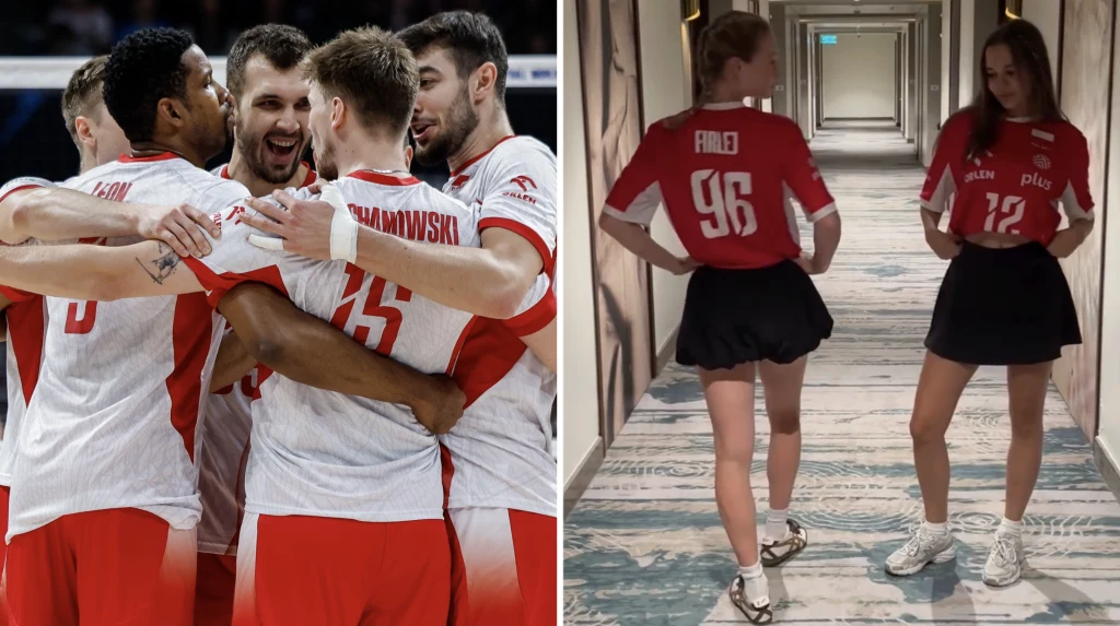 Po lewej stronie grupa mężczyzn ubranych w stroje siatkarskie świętuje punkt podczas meczu siatkówki, po prawej dwie kobiety w czerwonych koszulkach z polskimi napisami oraz spódniczkach stoją tyłem w hotelowym korytarzu.