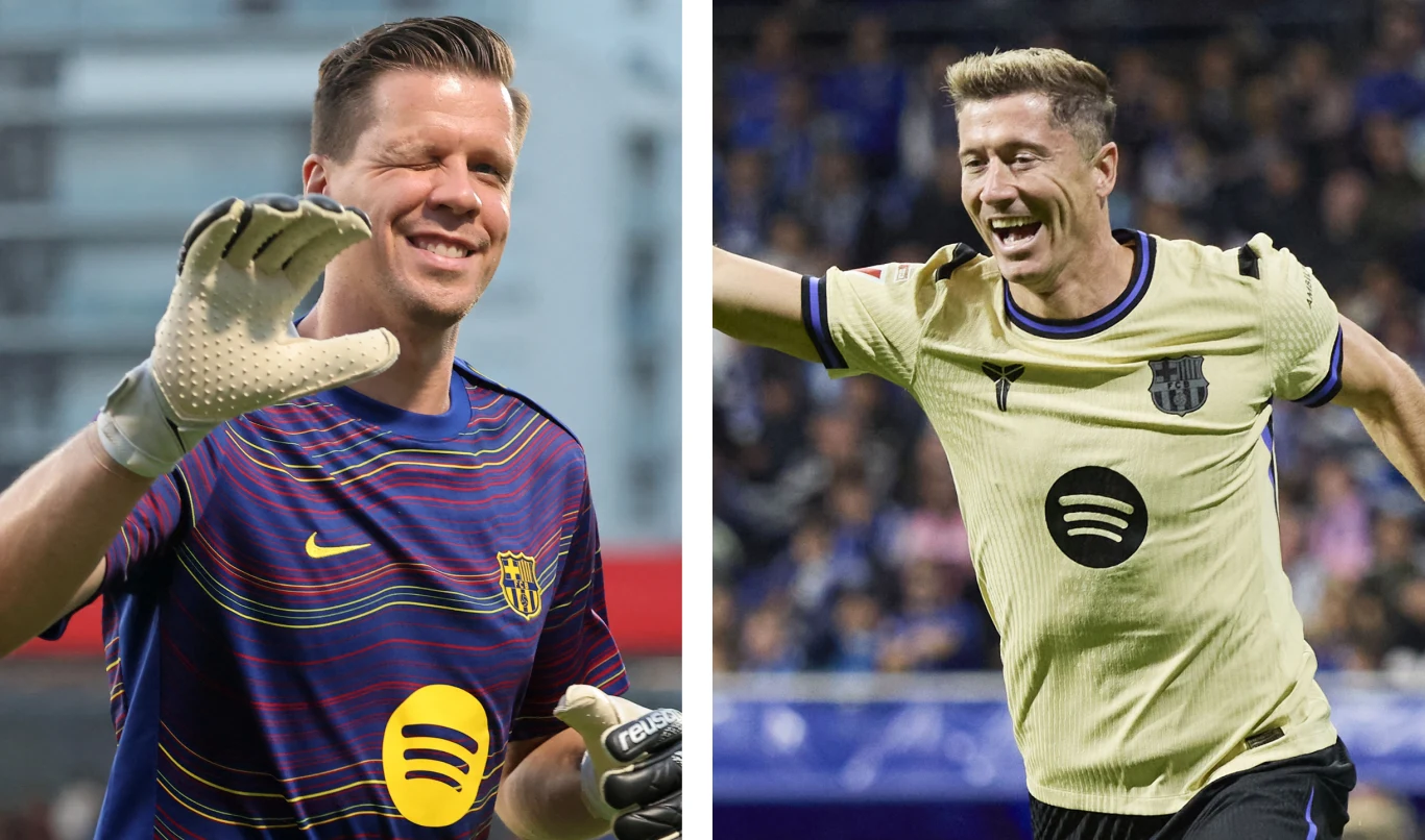 Wojciech Szczęsny i Robert Lewandowski Dwóch uśmiechniętych piłkarzy w różnych strojach klubowych, jeden w rękawicach bramkarskich, drugi cieszy się po zdobyciu gola, na obu koszulkach widoczne logo sponsora Spotify.